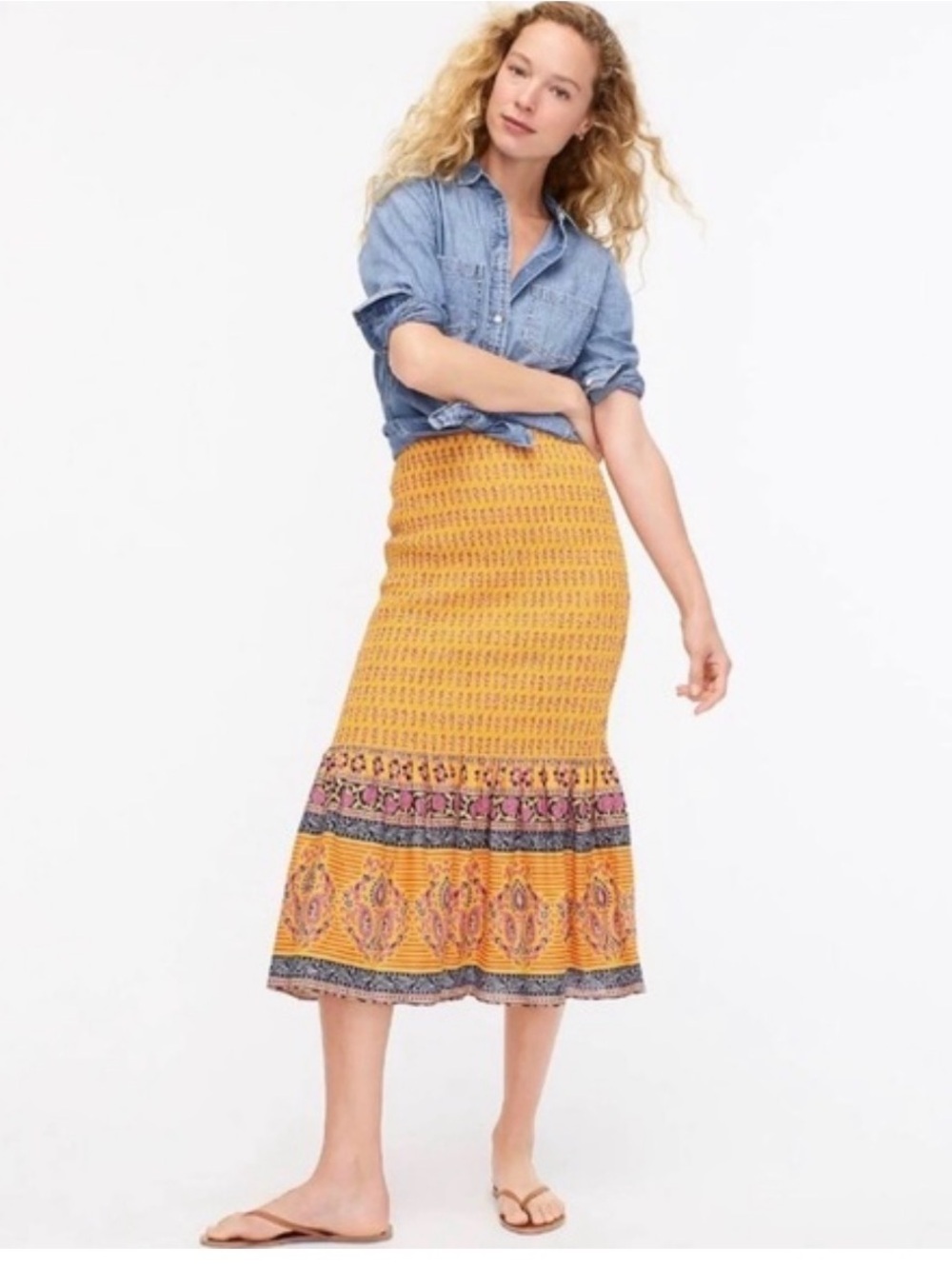 J.Crew Sunny Blockprint Yellow smocked midi skirt mermaid-style silhouette sz 6